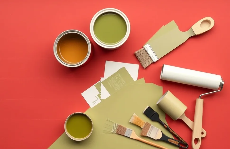 Pots de peinture, nuancier, brosses et rouleaux disposés à plat