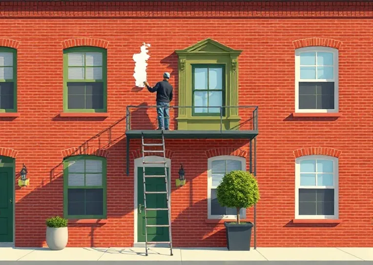 Peintre sur échafaudage traitant la façade d'une maison